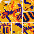 Custom Gold Dark Purple-Orange Bowling Ball And Pins Performance Polo Shirt detail