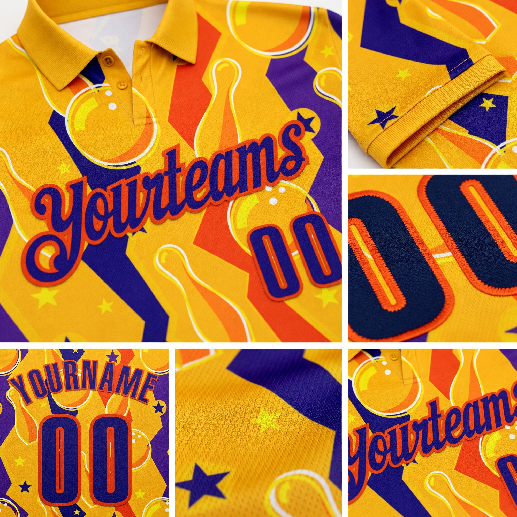 Custom Gold Dark Purple-Orange Bowling Ball And Pins Performance Polo Shirt detail