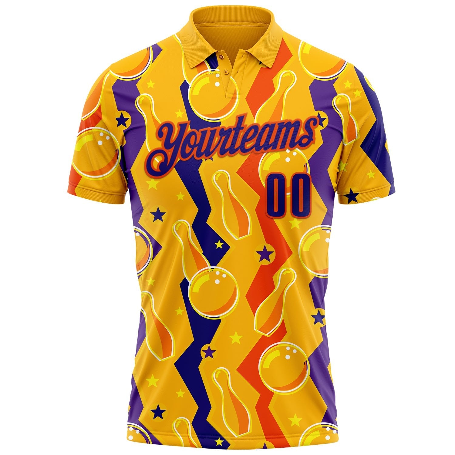 Custom Gold Dark Purple-Orange Bowling Ball And Pins Performance Polo Shirt photo 1