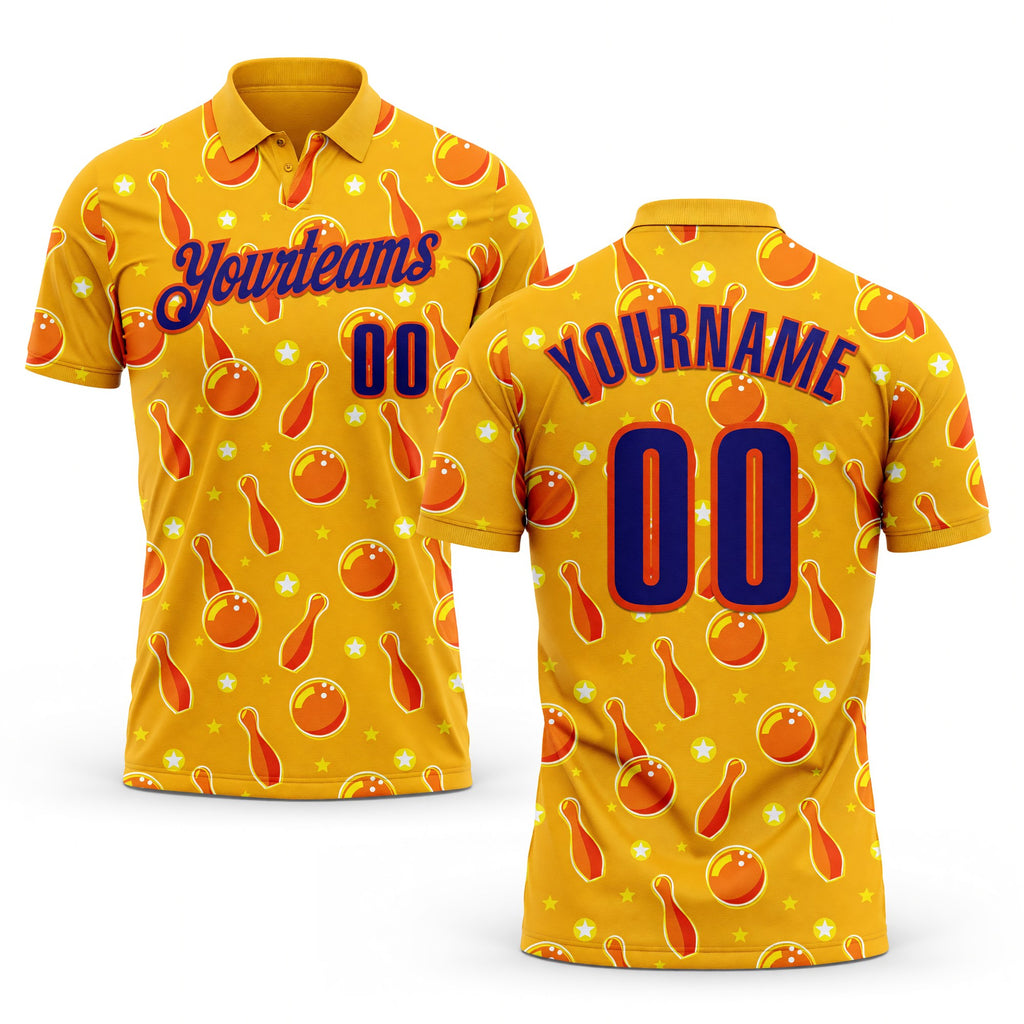 Custom Gold Dark Purple-Orange Bowling Ball And Pins Performance Polo Shirt