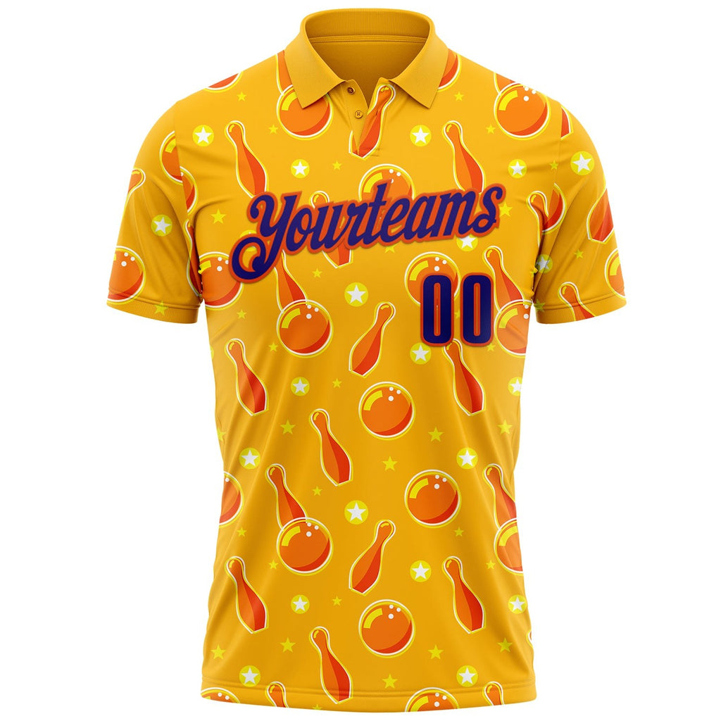Custom Gold Dark Purple-Orange Bowling Ball And Pins Performance Polo Shirt photo 1
