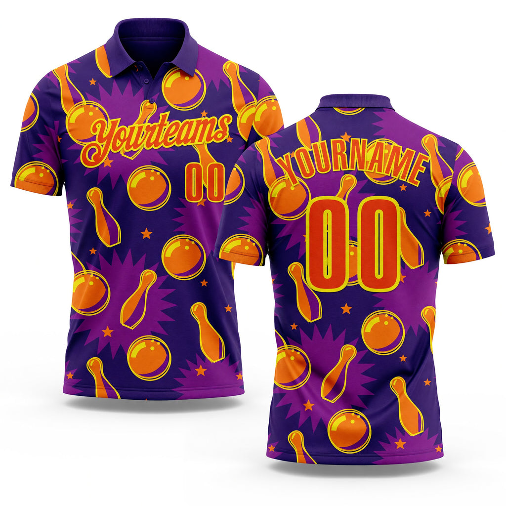 Custom Purple Orange-Light Yellow Bowling Ball And Pins Performance Polo Shirt