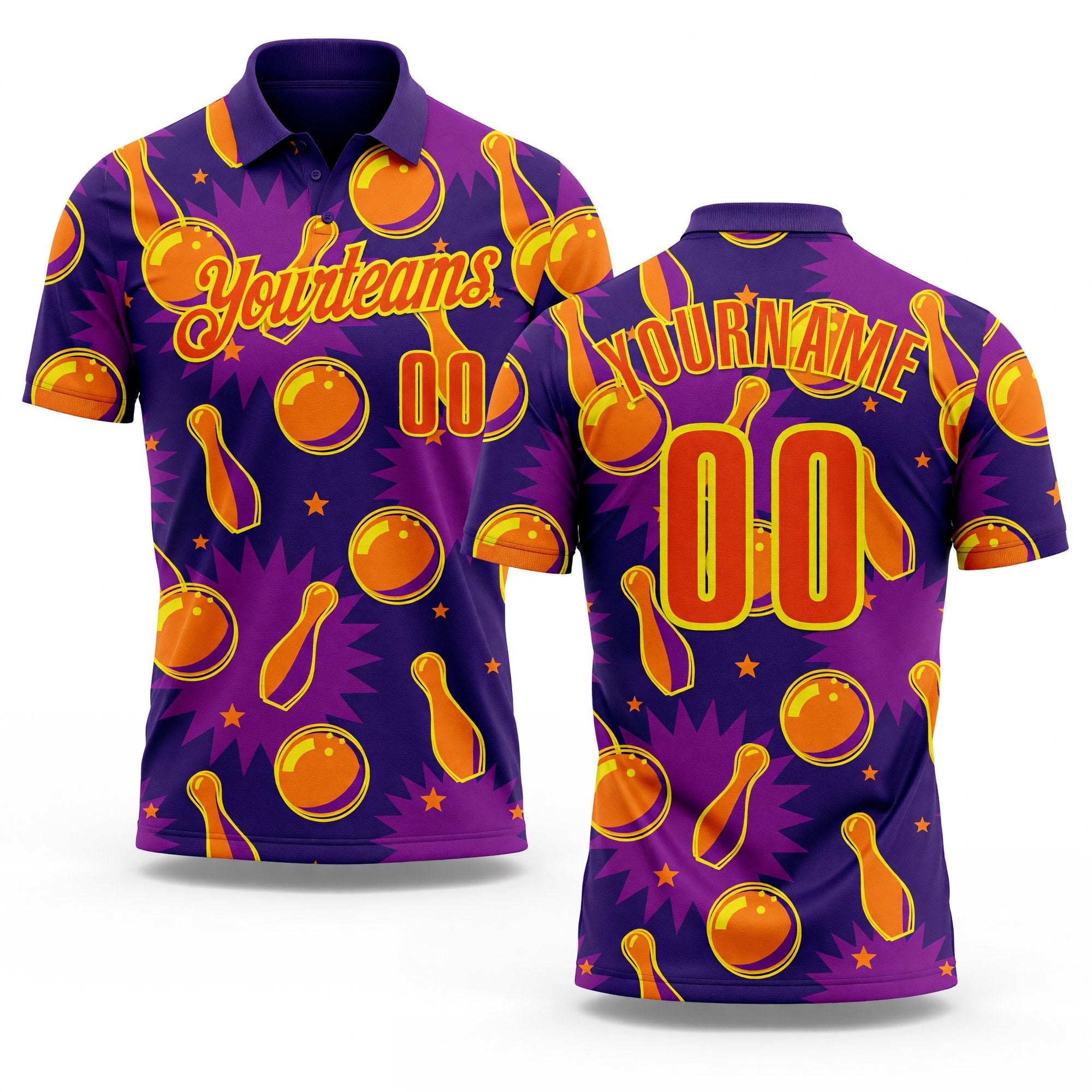 Custom Purple Orange-Light Yellow Bowling Ball And Pins Performance Polo Shirt