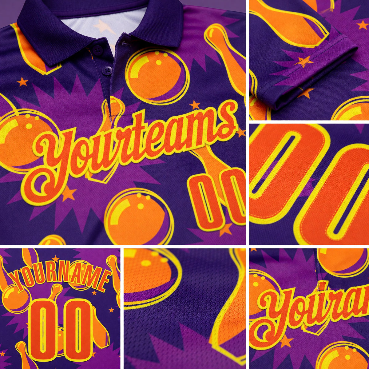 Custom Purple Orange-Light Yellow Bowling Ball And Pins Performance Polo Shirt detail