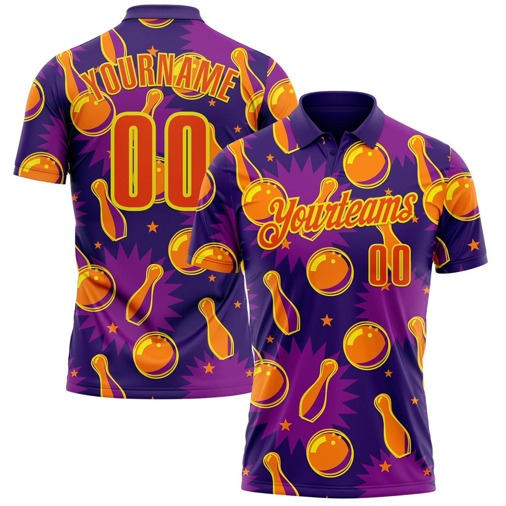 Custom Purple Orange-Light Yellow Bowling Ball And Pins Performance Polo Shirt photo 1