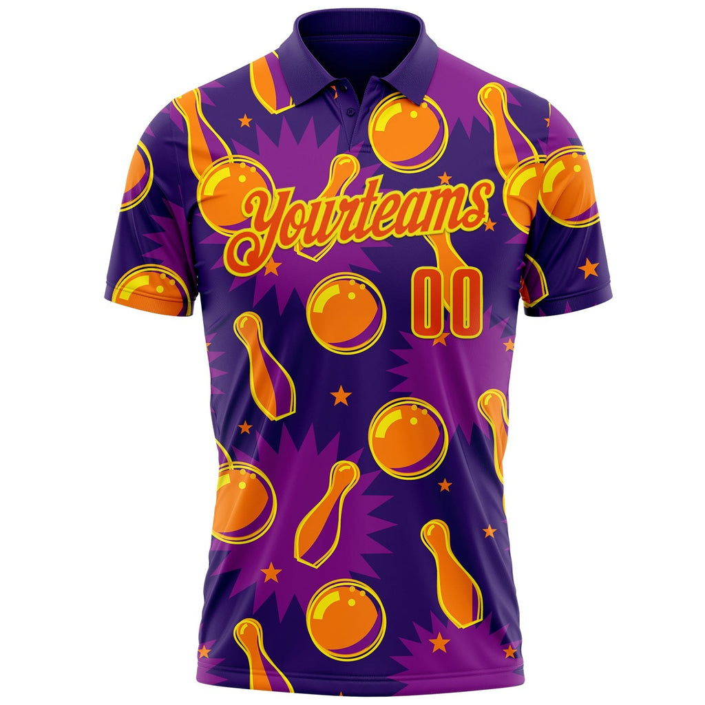 Custom Purple Orange-Light Yellow Bowling Ball And Pins Performance Polo Shirt photo 2