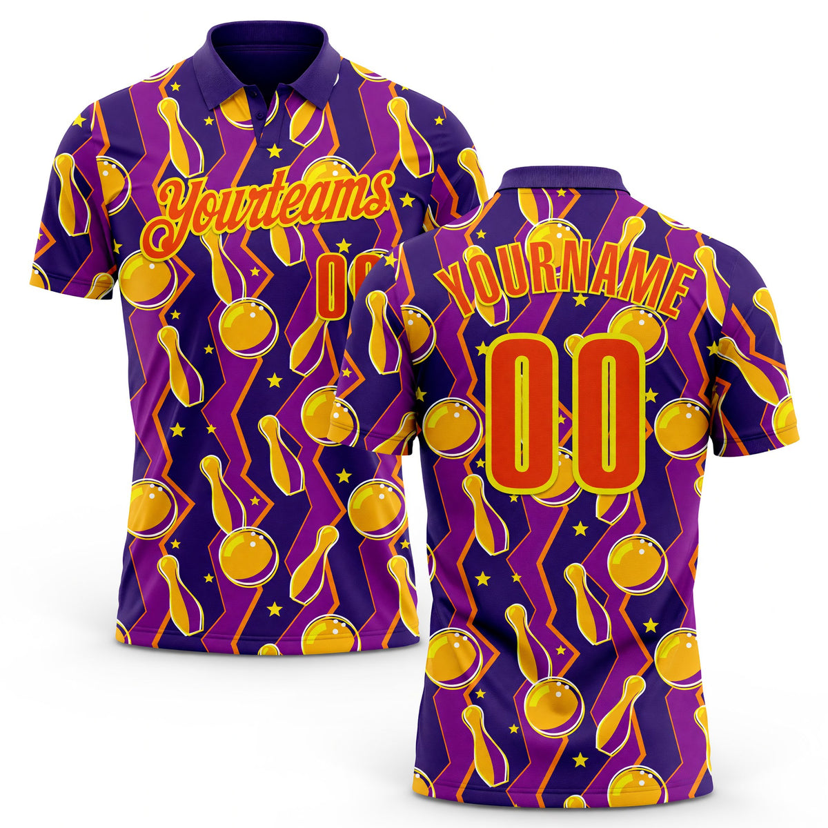 Custom Purple Orange-Light Yellow Bowling Ball And Pins Performance Polo Shirt