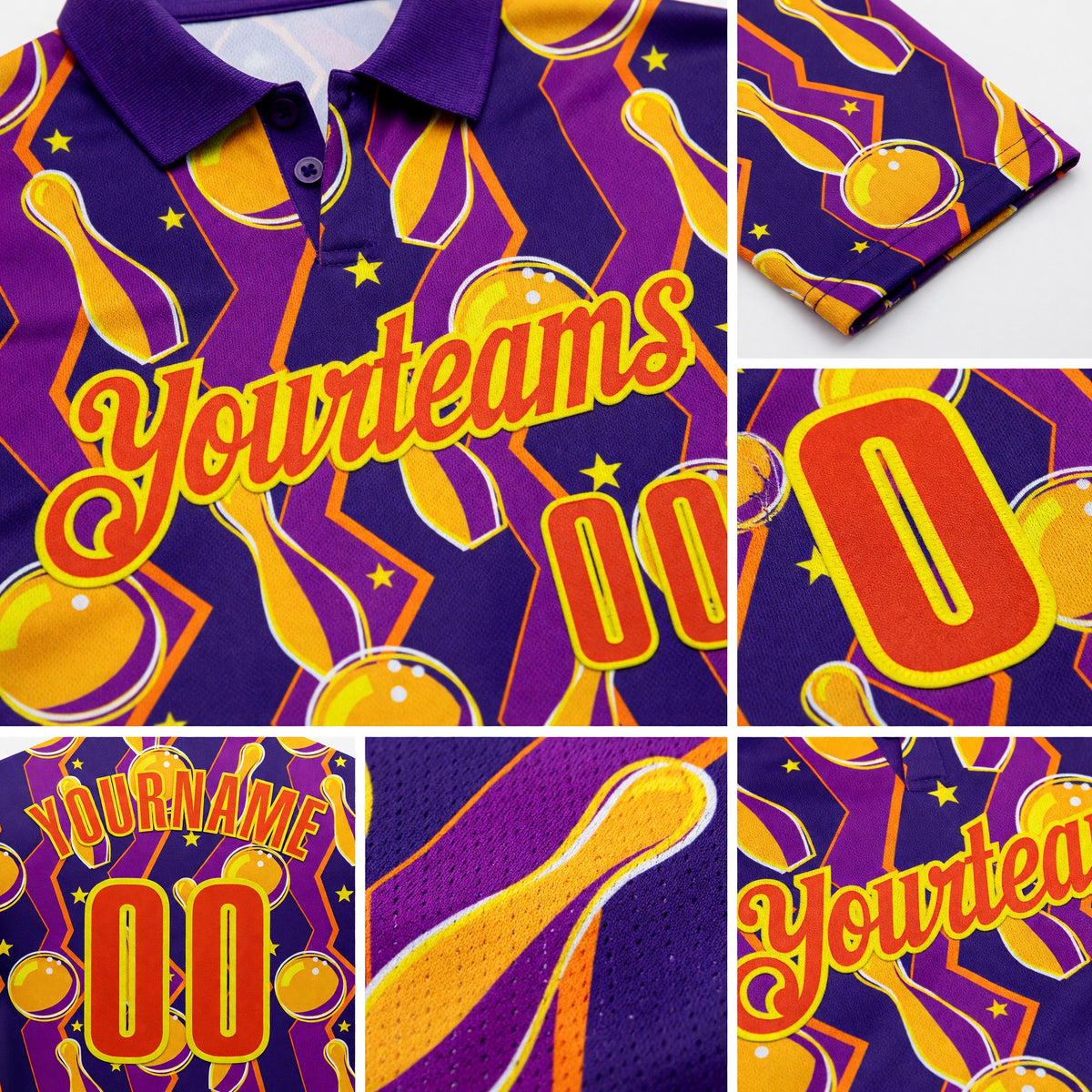 Custom Purple Orange-Light Yellow Bowling Ball And Pins Performance Polo Shirt detail