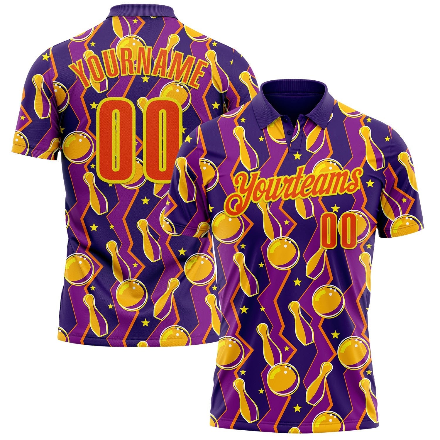 Custom Purple Orange-Light Yellow Bowling Ball And Pins Performance Polo Shirt photo 1