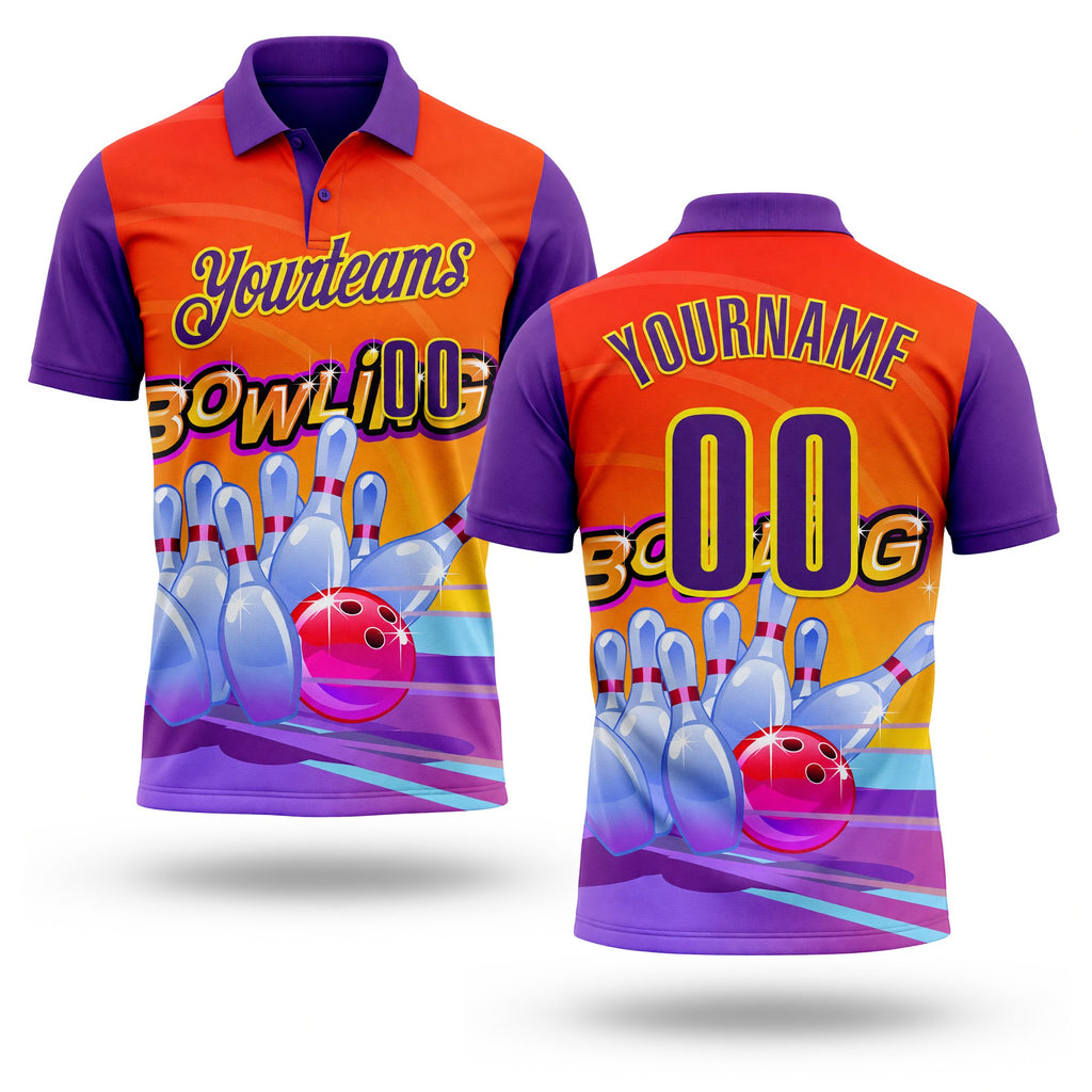 Custom Medium Purple Purple Orange-Light Yellow Bowling Ball And Pins Strike Performance Polo Shirt