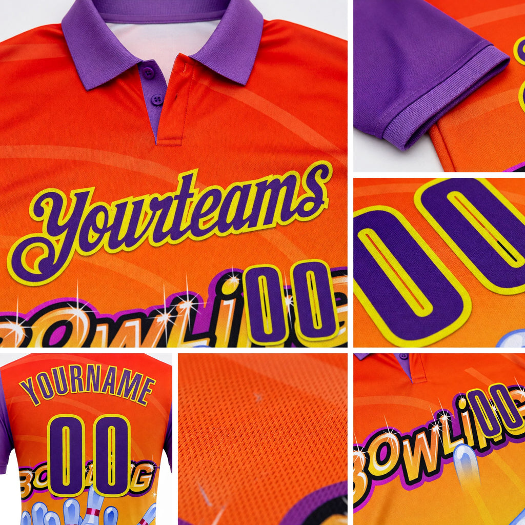 Custom Medium Purple Purple Orange-Light Yellow Bowling Ball And Pins Strike Performance Polo Shirt detail