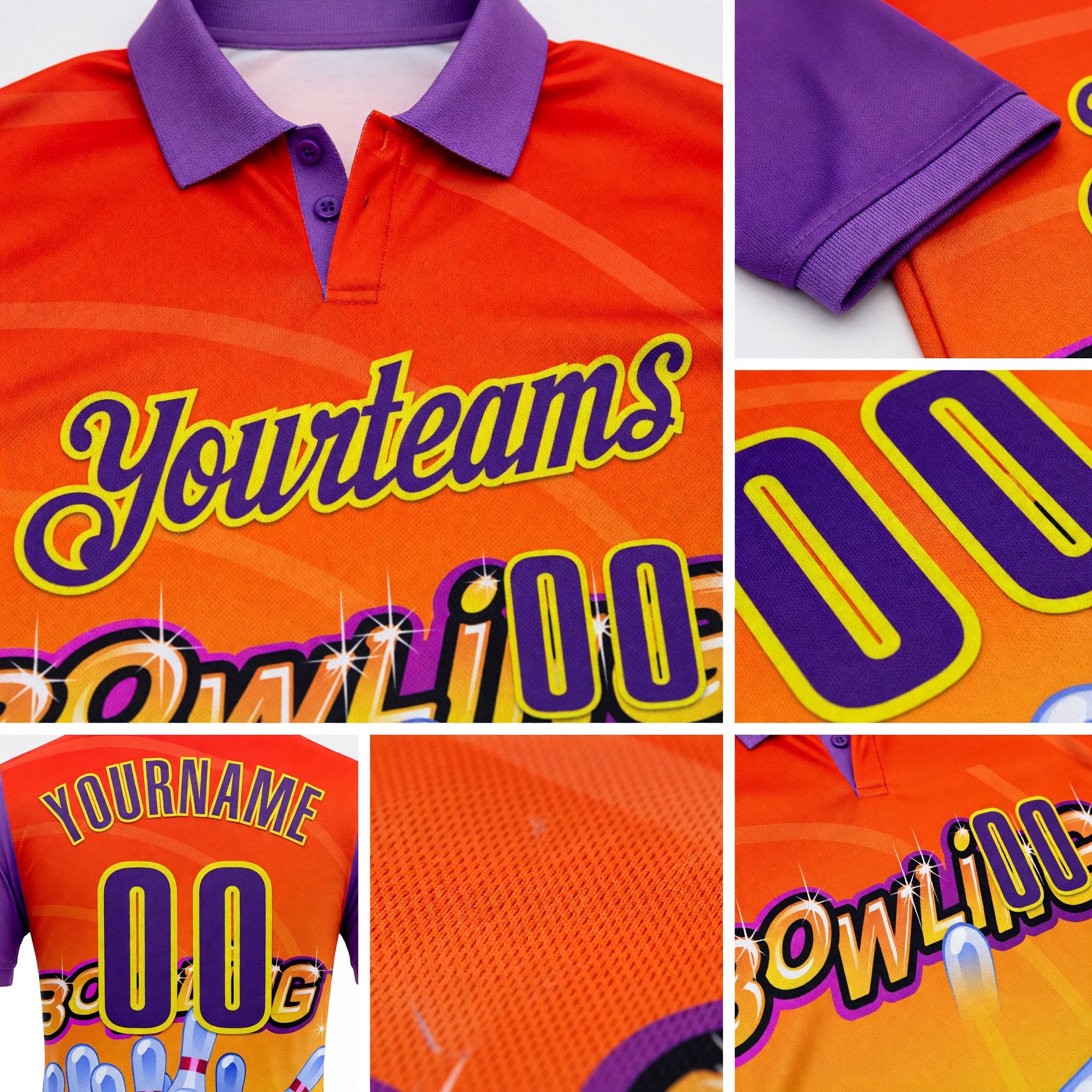 Custom Medium Purple Purple Orange-Light Yellow Bowling Ball And Pins Strike Performance Polo Shirt detail