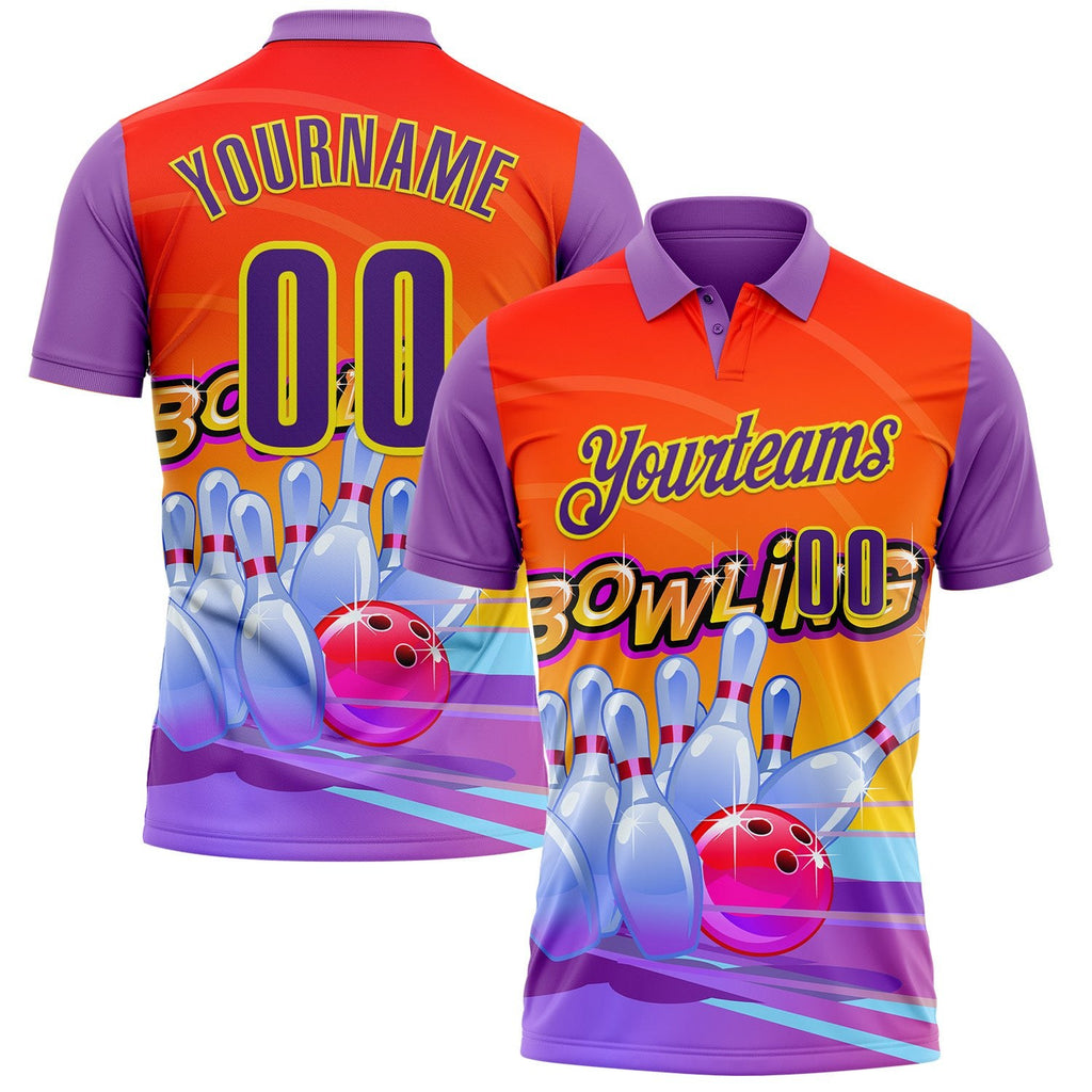 Custom Medium Purple Purple Orange-Light Yellow Bowling Ball And Pins Strike Performance Polo Shirt photo 1