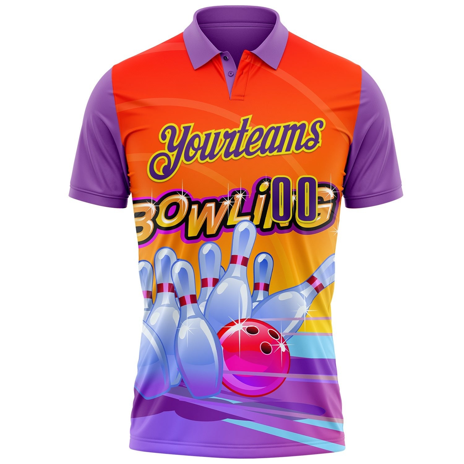 Custom Medium Purple Purple Orange-Light Yellow Bowling Ball And Pins Strike Performance Polo Shirt photo 2