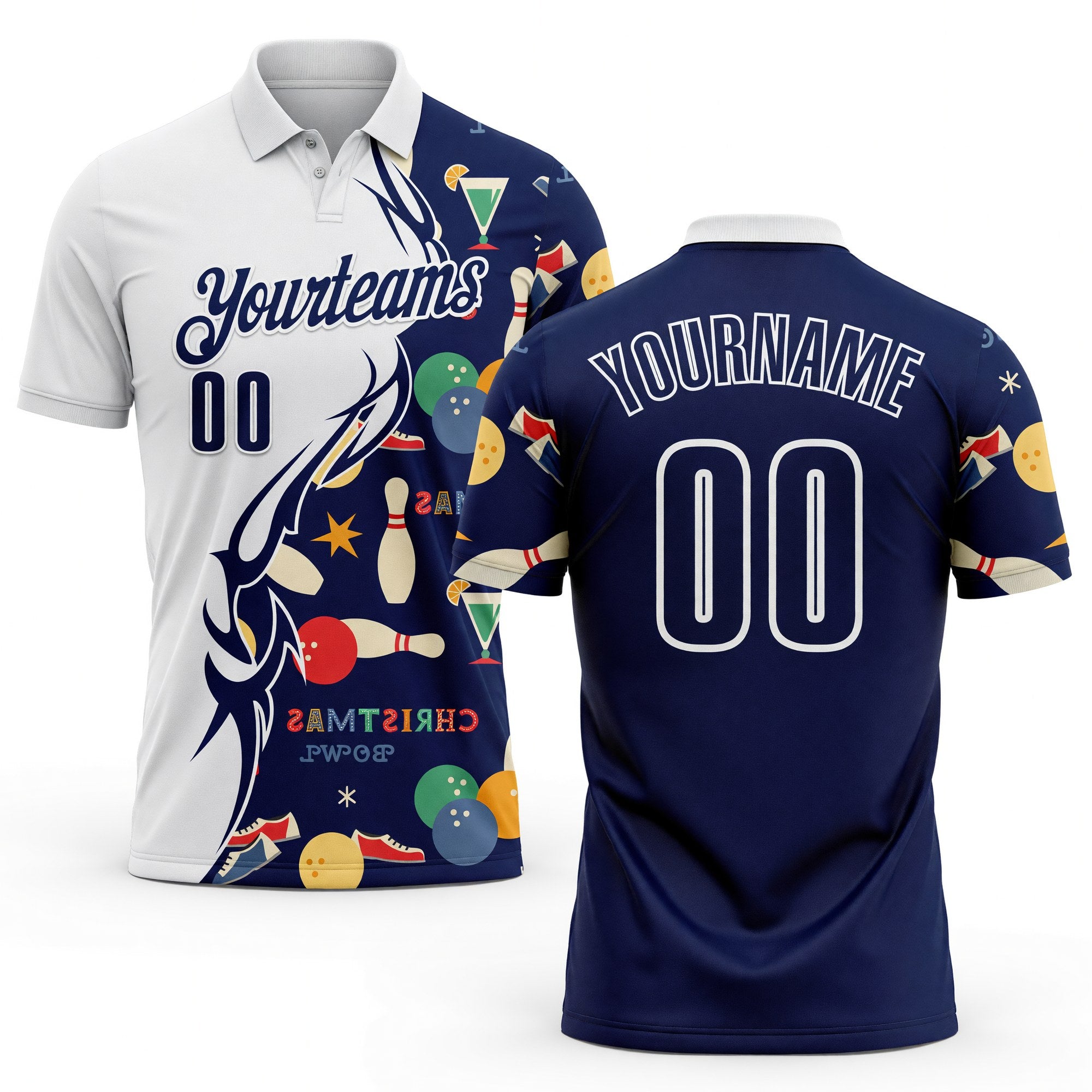 Custom White-Navy Bowling Ball And Pins Christmas Performance Polo Shirt