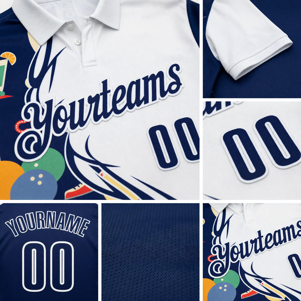 Custom White-Navy Bowling Ball And Pins Christmas Performance Polo Shirt detail