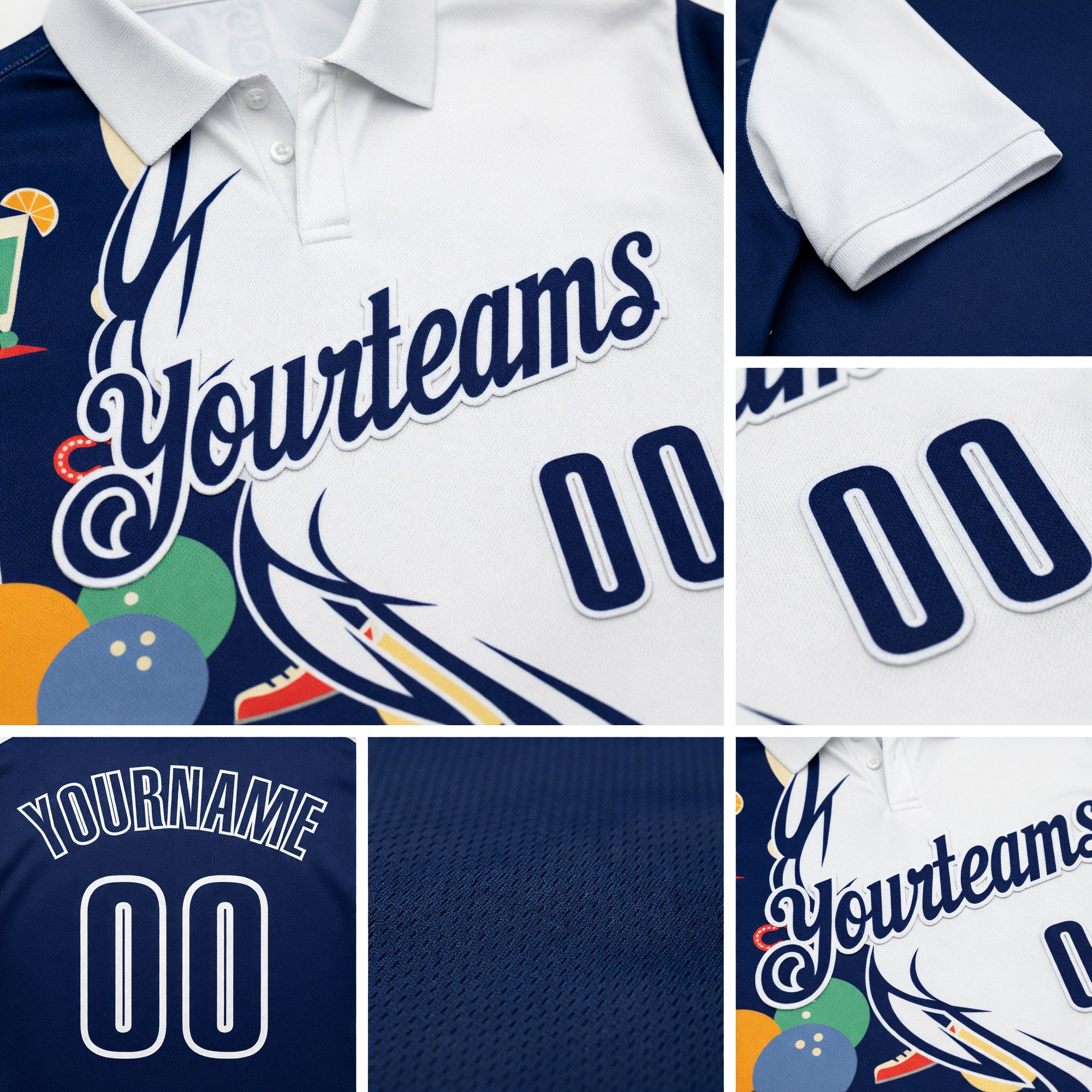 Custom White-Navy Bowling Ball And Pins Christmas Performance Polo Shirt detail