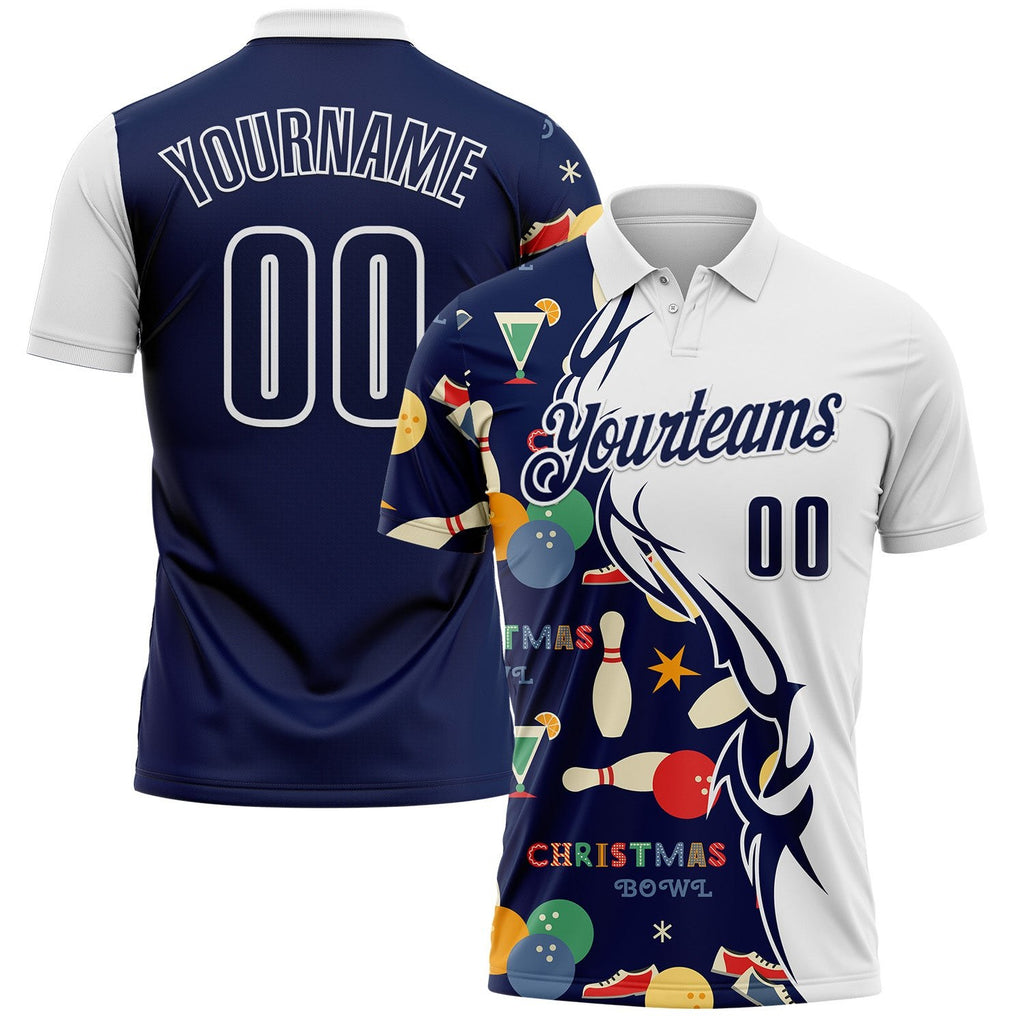 Custom White-Navy Bowling Ball And Pins Christmas Performance Polo Shirt photo 1