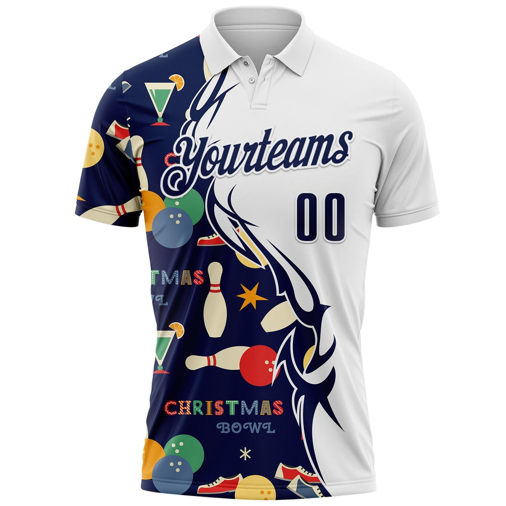 Custom White-Navy Bowling Ball And Pins Christmas Performance Polo Shirt photo 2