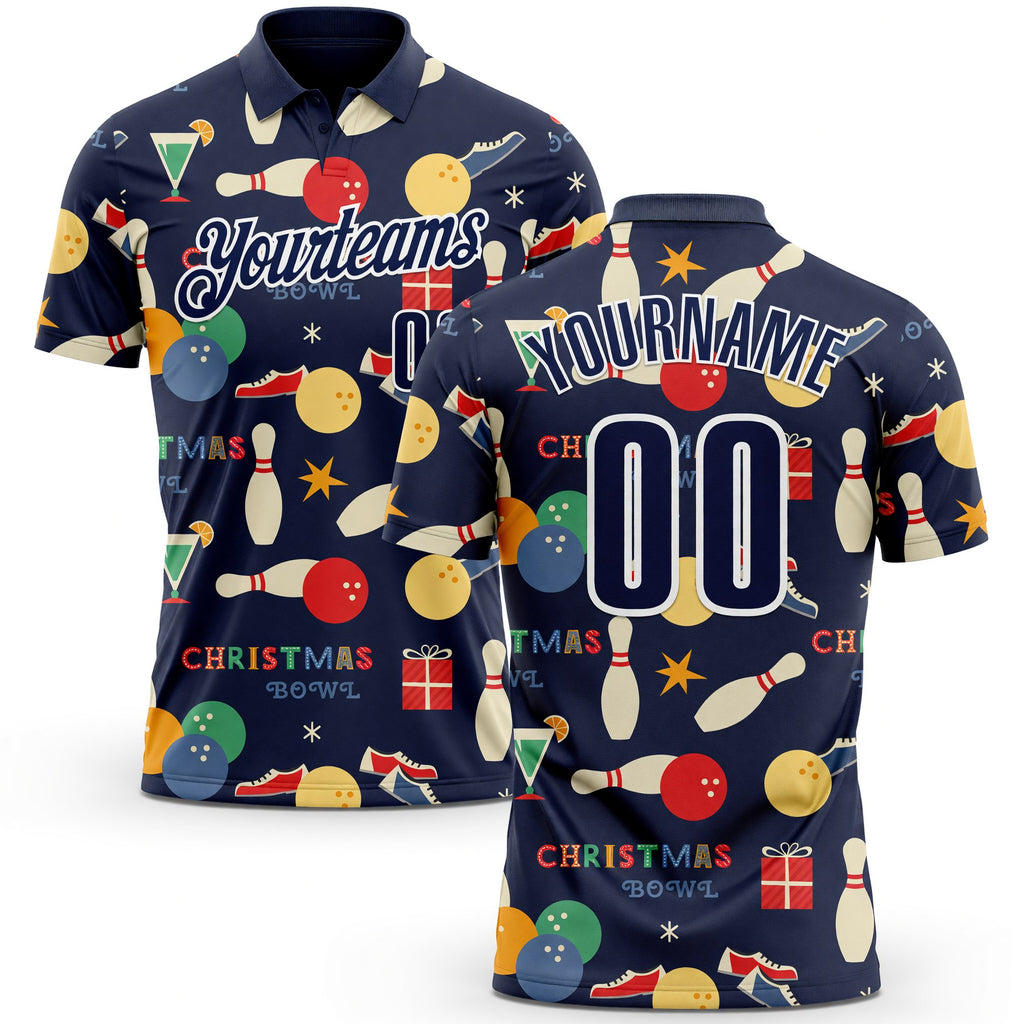 Custom Navy-White Bowling Ball And Pins Christmas Performance Polo Shirt