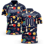 Custom Navy-White Bowling Ball And Pins Christmas Performance Polo Shirt
