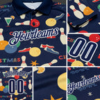 Custom Navy-White Bowling Ball And Pins Christmas Performance Polo Shirt detail
