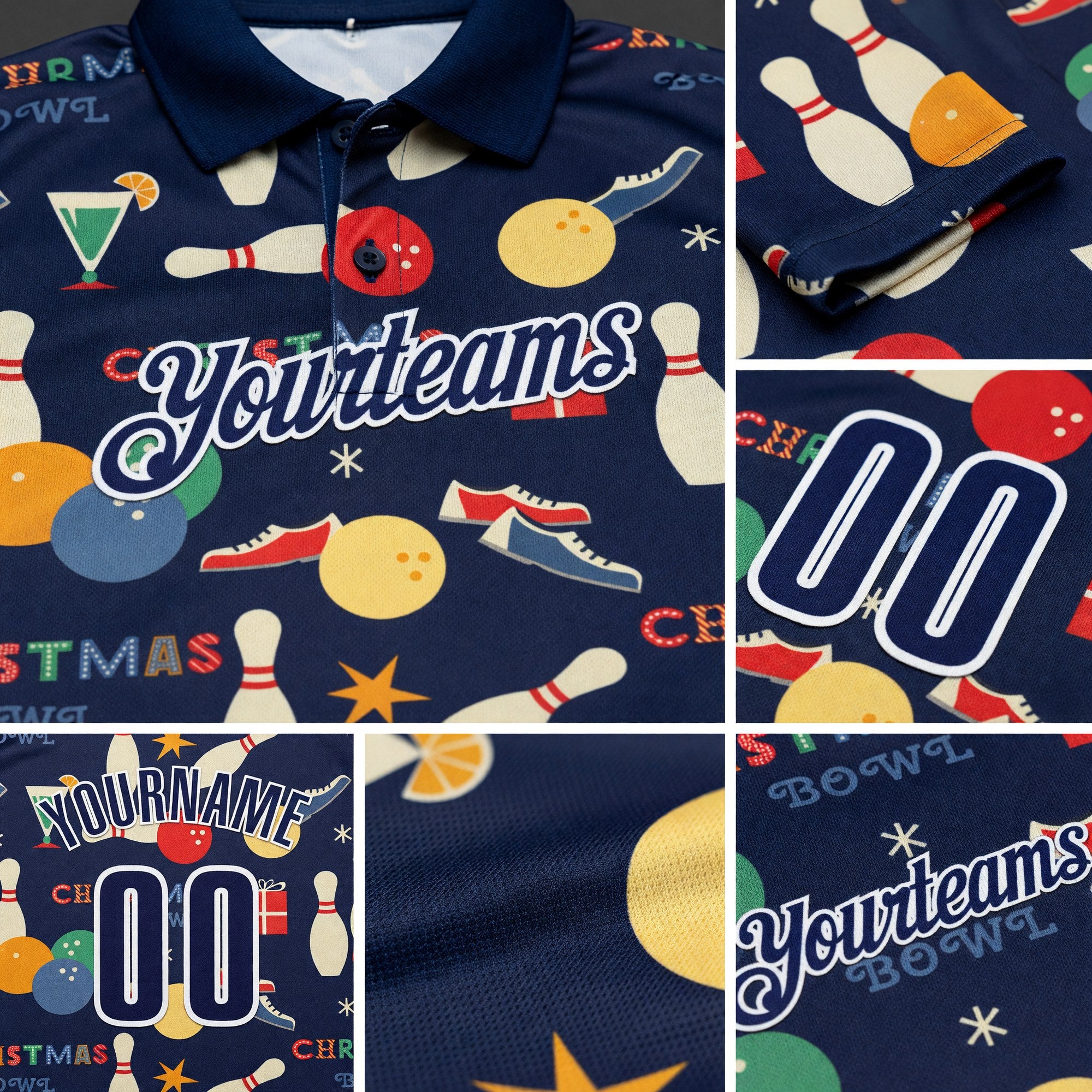 Custom Navy-White Bowling Ball And Pins Christmas Performance Polo Shirt detail