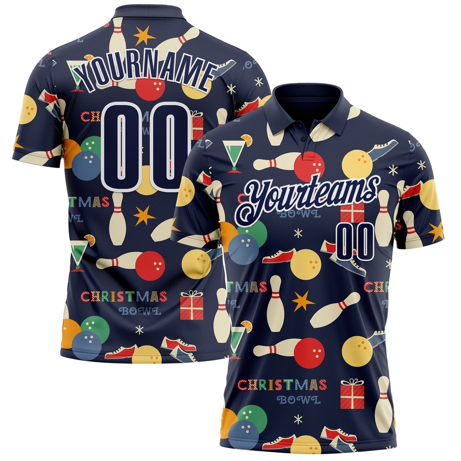 Custom Navy-White Bowling Ball And Pins Christmas Performance Polo Shirt photo 1