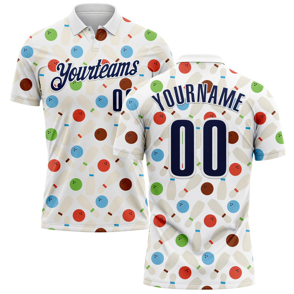 Custom White-Navy Bowling Ball And Pins Performance Polo Shirt
