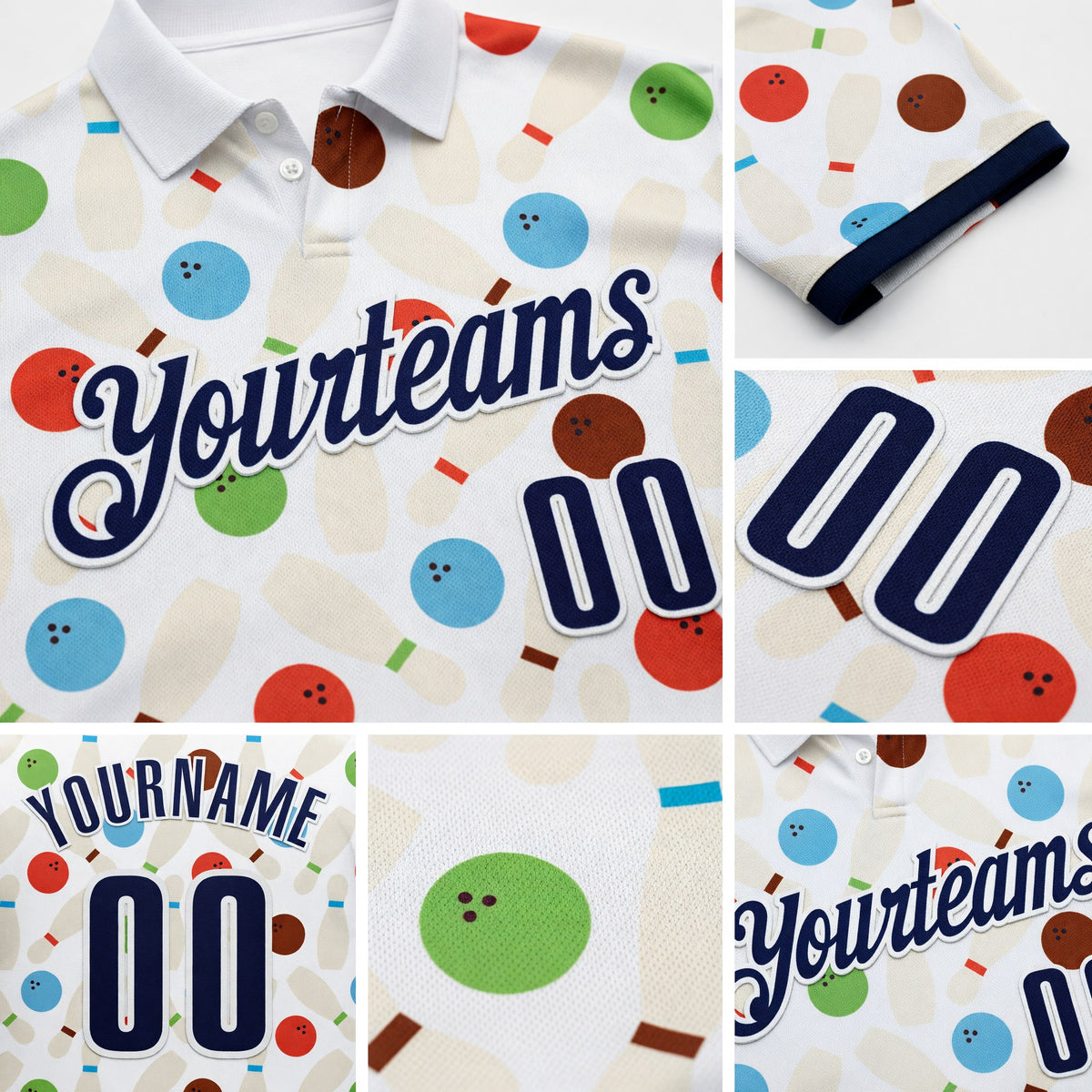 Custom White-Navy Bowling Ball And Pins Performance Polo Shirt detail