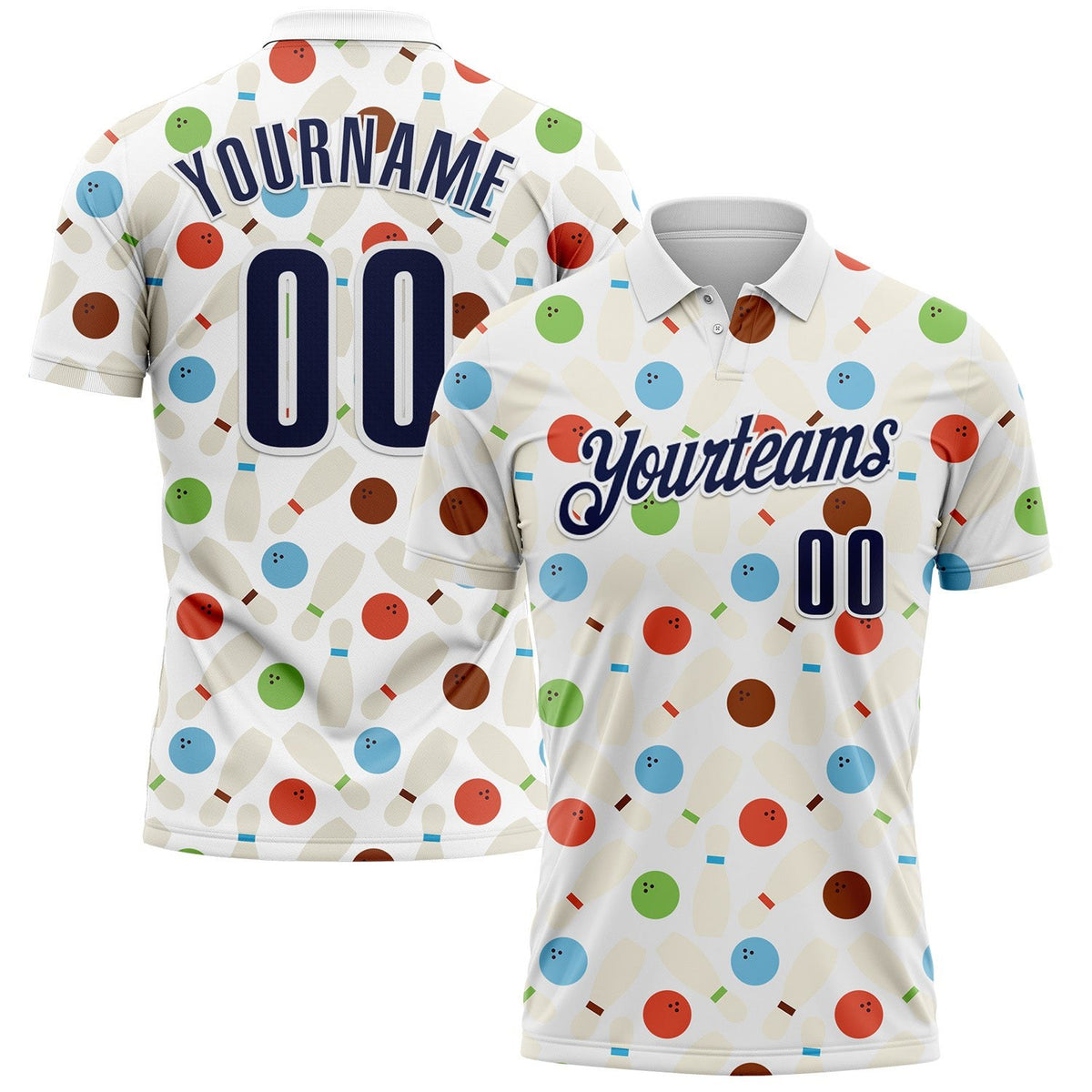 Custom White-Navy Bowling Ball And Pins Performance Polo Shirt photo 1