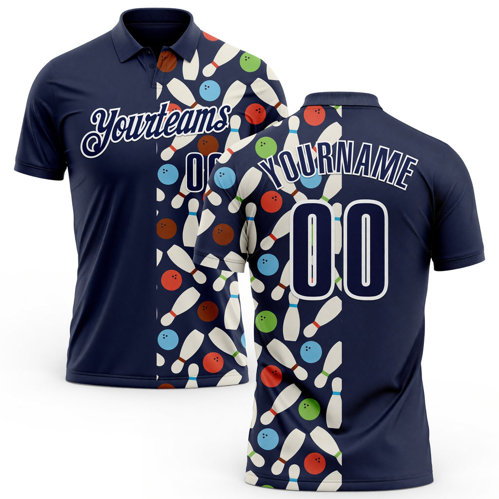 Custom Navy-White Bowling Ball And Pins Performance Polo Shirt