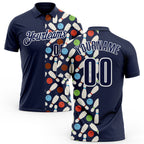 Custom Navy-White Bowling Ball And Pins Performance Polo Shirt