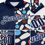 Custom Navy-White Bowling Ball And Pins Performance Polo Shirt detail