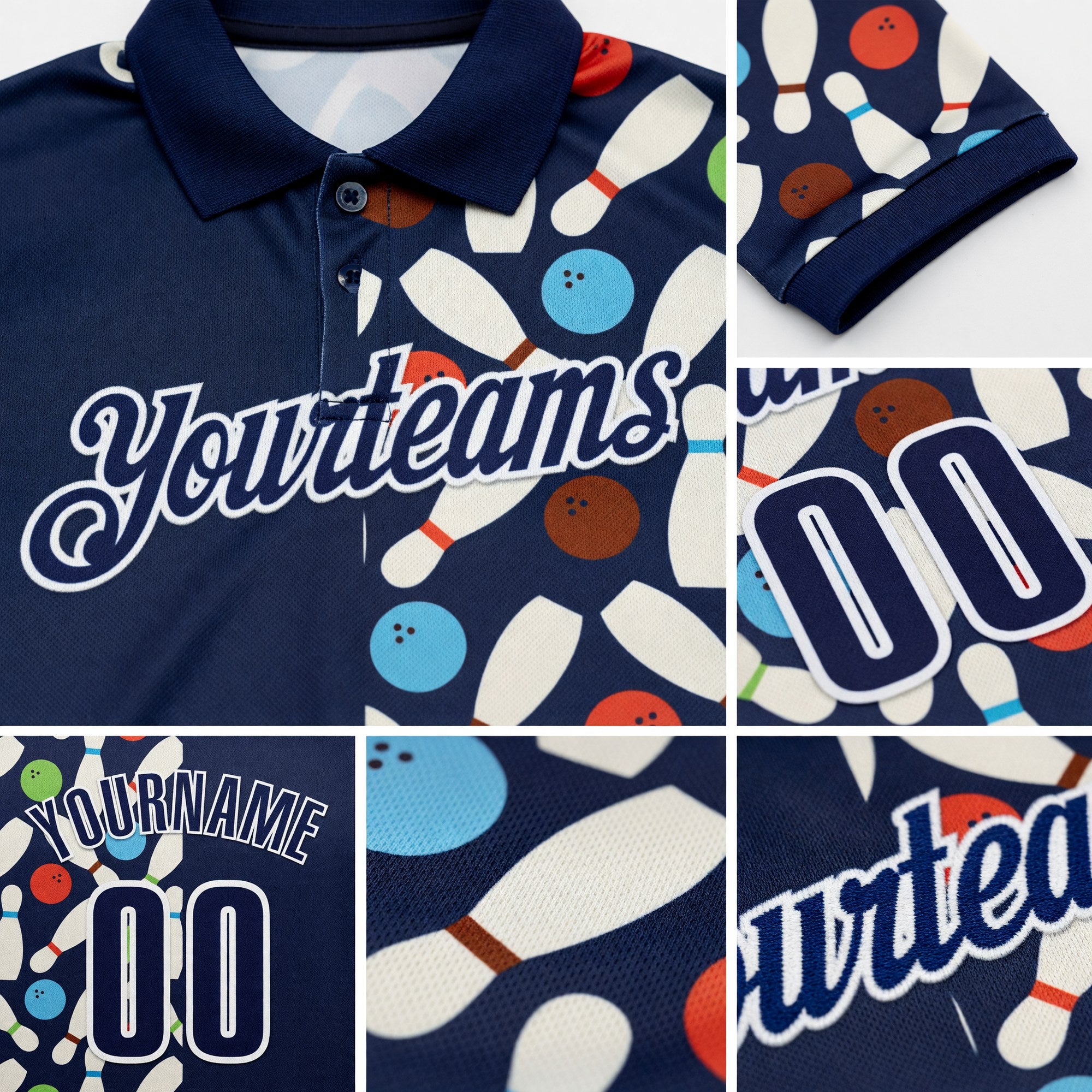 Custom Navy-White Bowling Ball And Pins Performance Polo Shirt detail