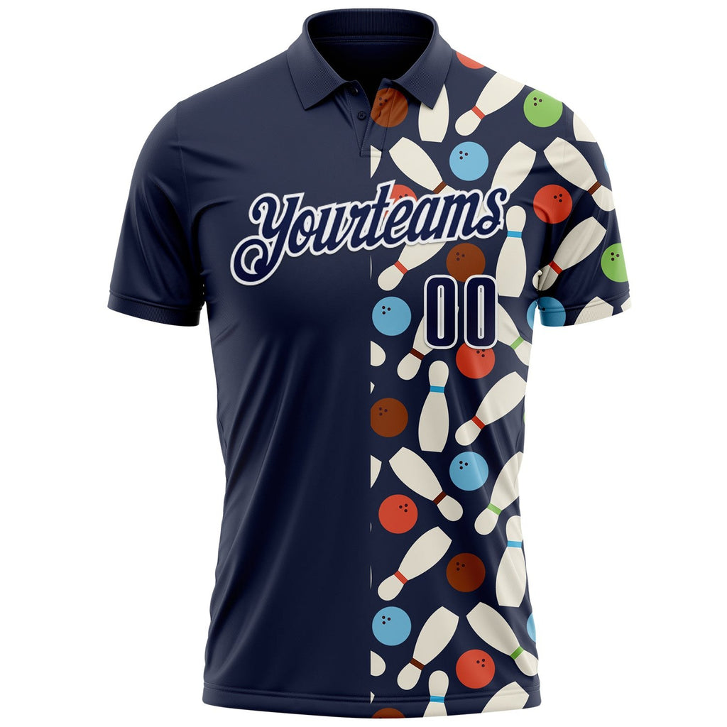 Custom Navy-White Bowling Ball And Pins Performance Polo Shirt photo 2