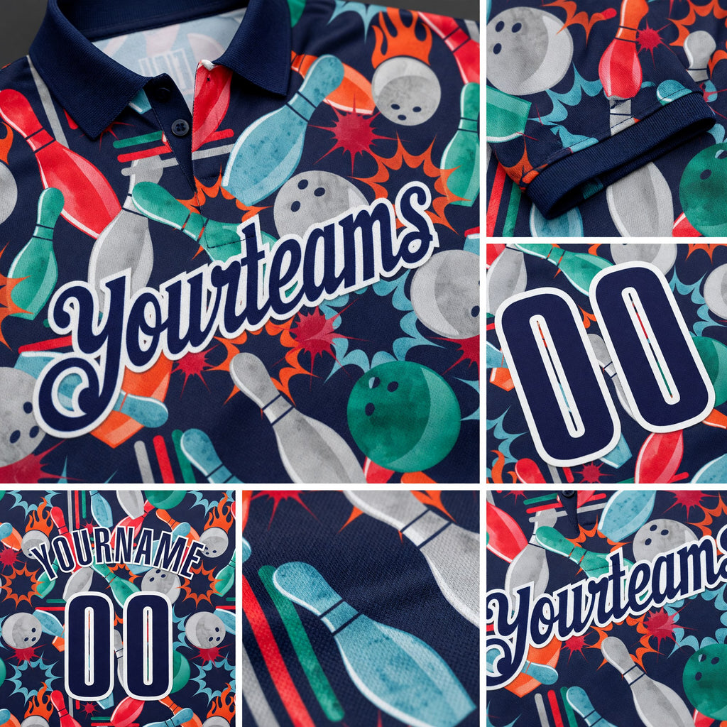 Custom Navy-White Bowling Ball And Pins Performance Polo Shirt detail