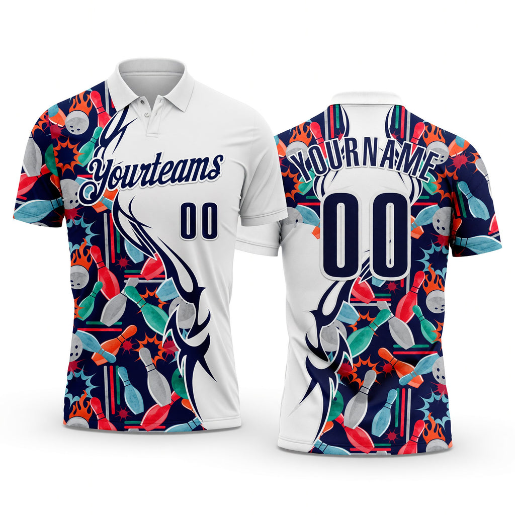 Custom White-Navy Bowling Ball And Pins Performance Polo Shirt