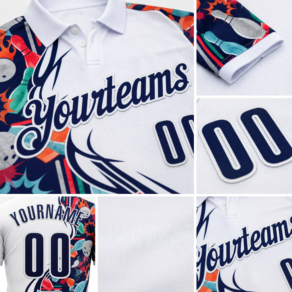 Custom White-Navy Bowling Ball And Pins Performance Polo Shirt detail