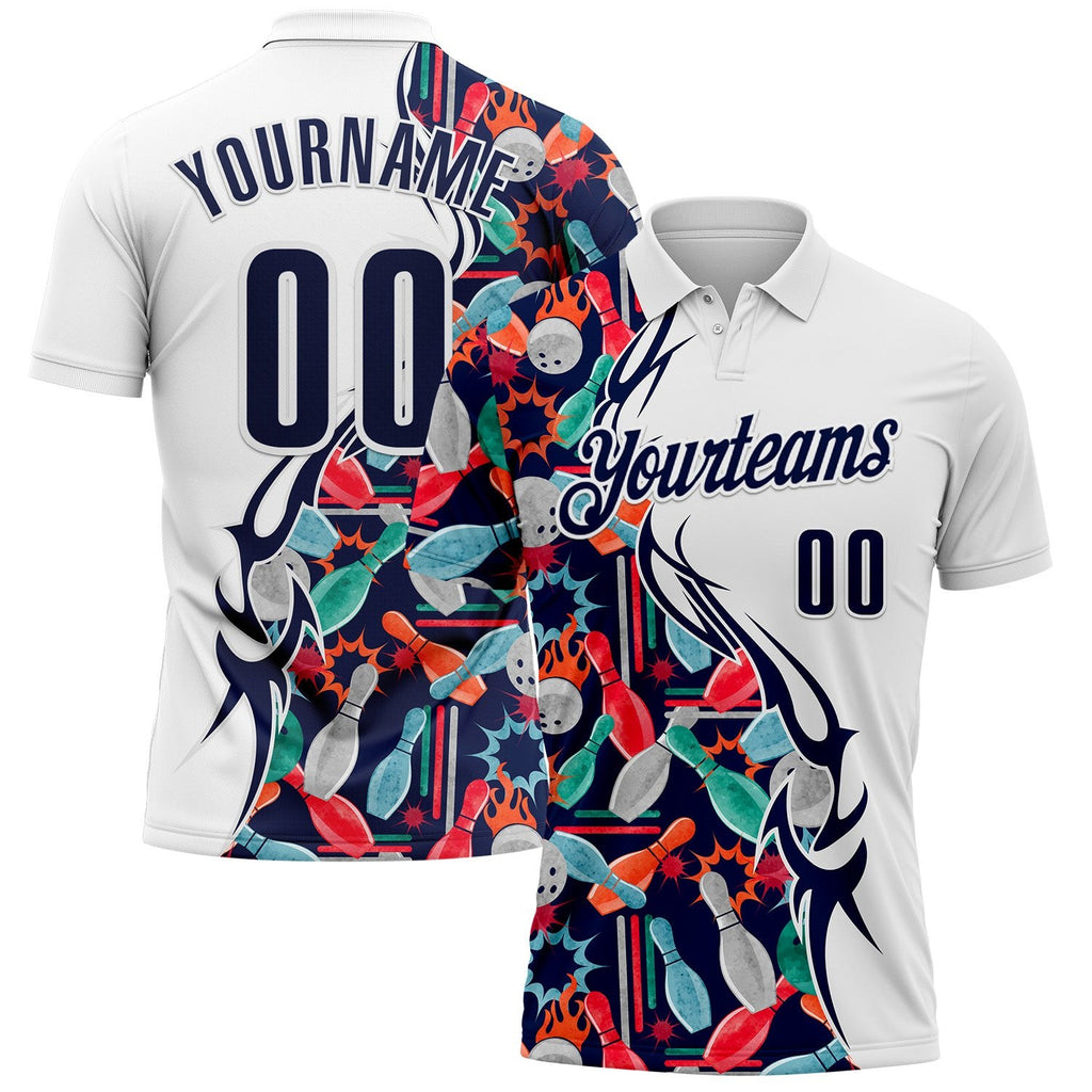 Custom White-Navy Bowling Ball And Pins Performance Polo Shirt photo 1