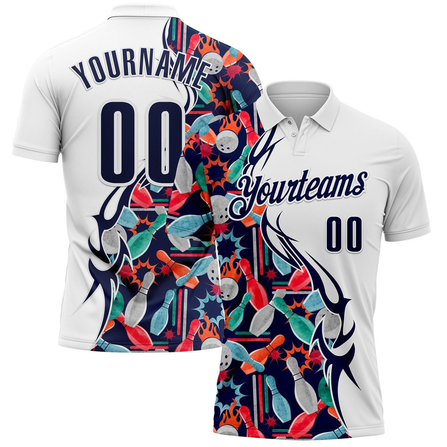 Custom White-Navy Bowling Ball And Pins Performance Polo Shirt photo 1
