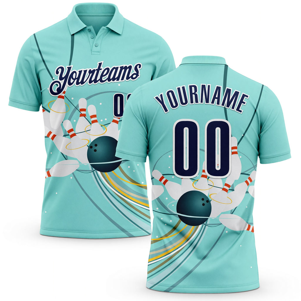 Custom Ice Blue Navy-White Bowling Ball And Pins Strike Performance Polo Shirt