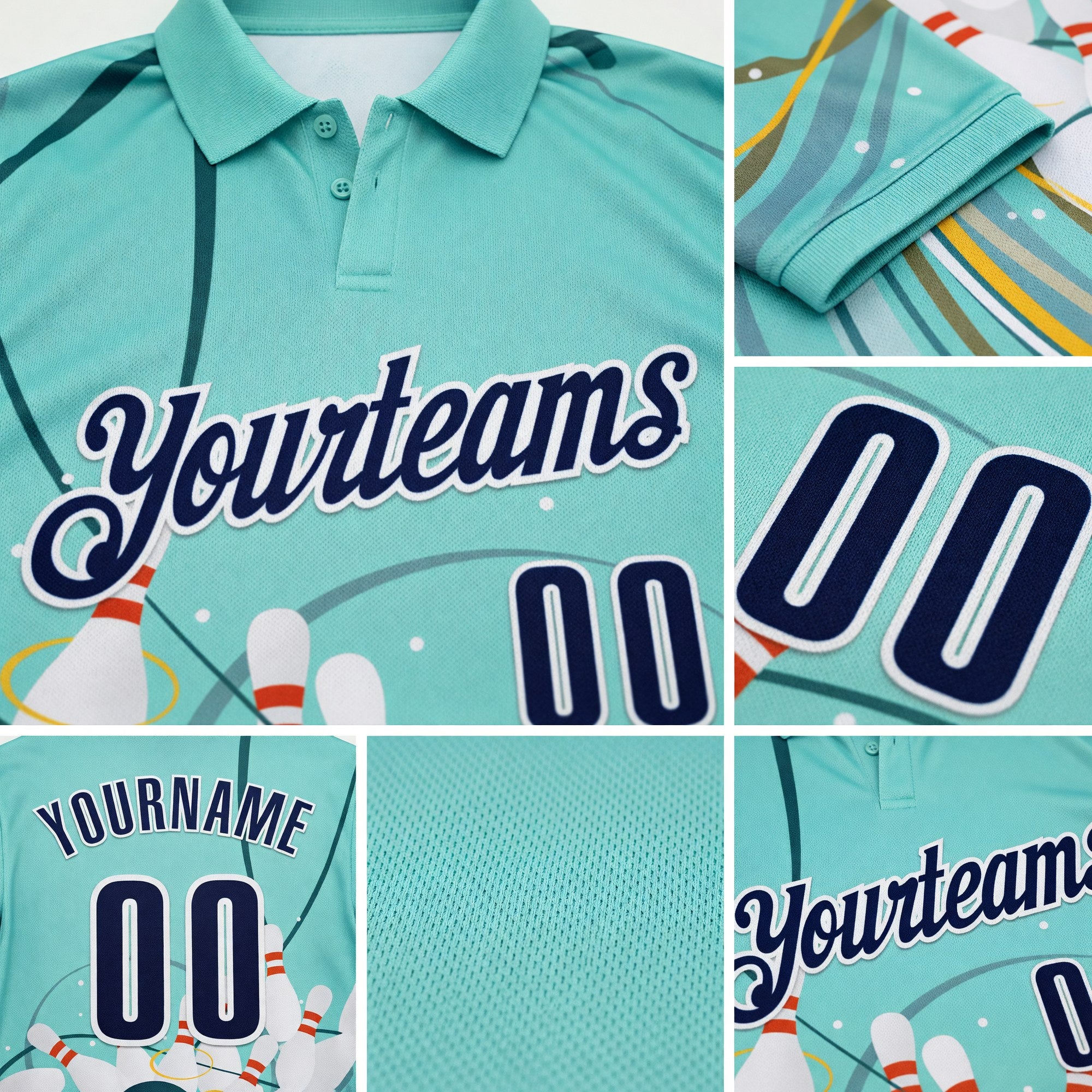 Custom Ice Blue Navy-White Bowling Ball And Pins Strike Performance Polo Shirt detail
