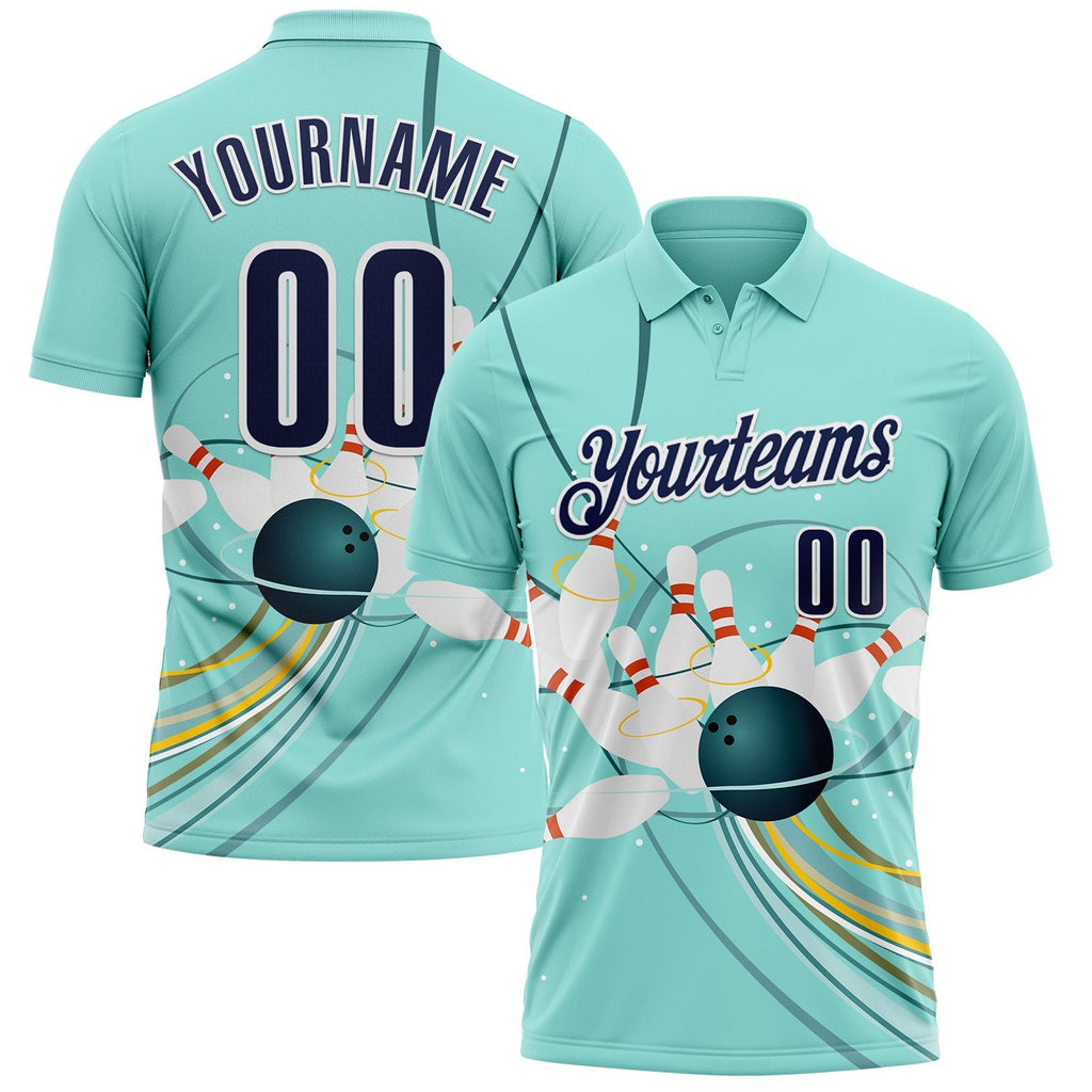 Custom Ice Blue Navy-White Bowling Ball And Pins Strike Performance Polo Shirt photo 1