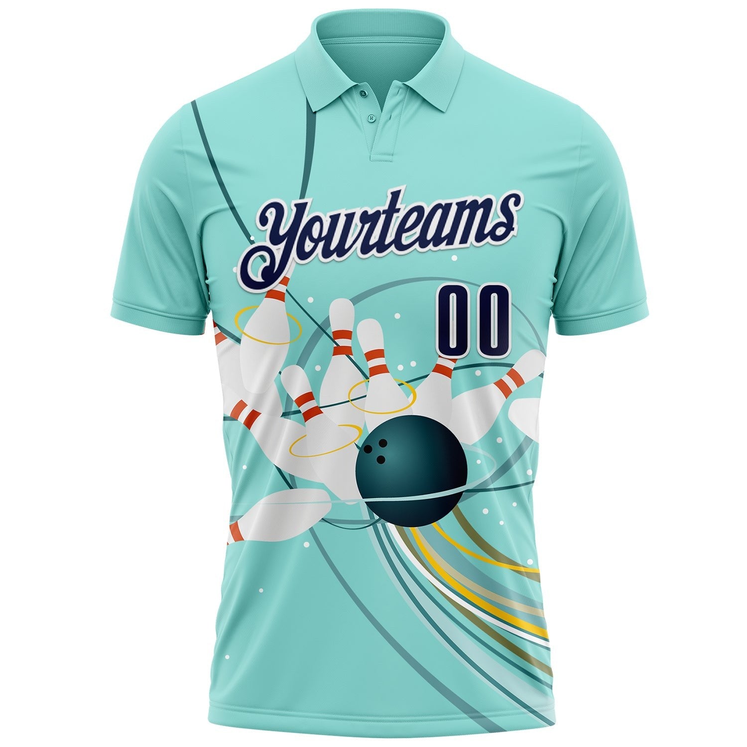 Custom Ice Blue Navy-White Bowling Ball And Pins Strike Performance Polo Shirt photo 2