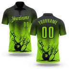 Custom Neon Green-Black Bowling Ball And Pins Strike Performance Polo Shirt