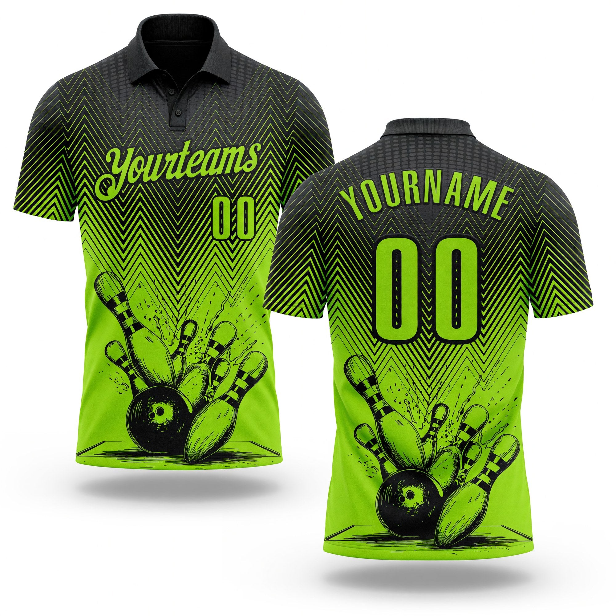 Custom Neon Green-Black Bowling Ball And Pins Strike Performance Polo Shirt