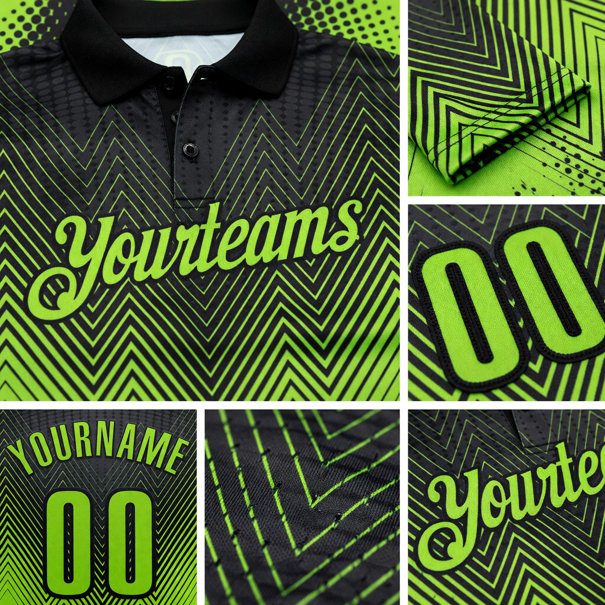 Custom Neon Green-Black Bowling Ball And Pins Strike Performance Polo Shirt detail