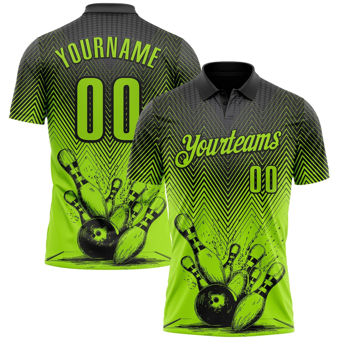 Custom Neon Green-Black Bowling Ball And Pins Strike Performance Polo Shirt photo 1