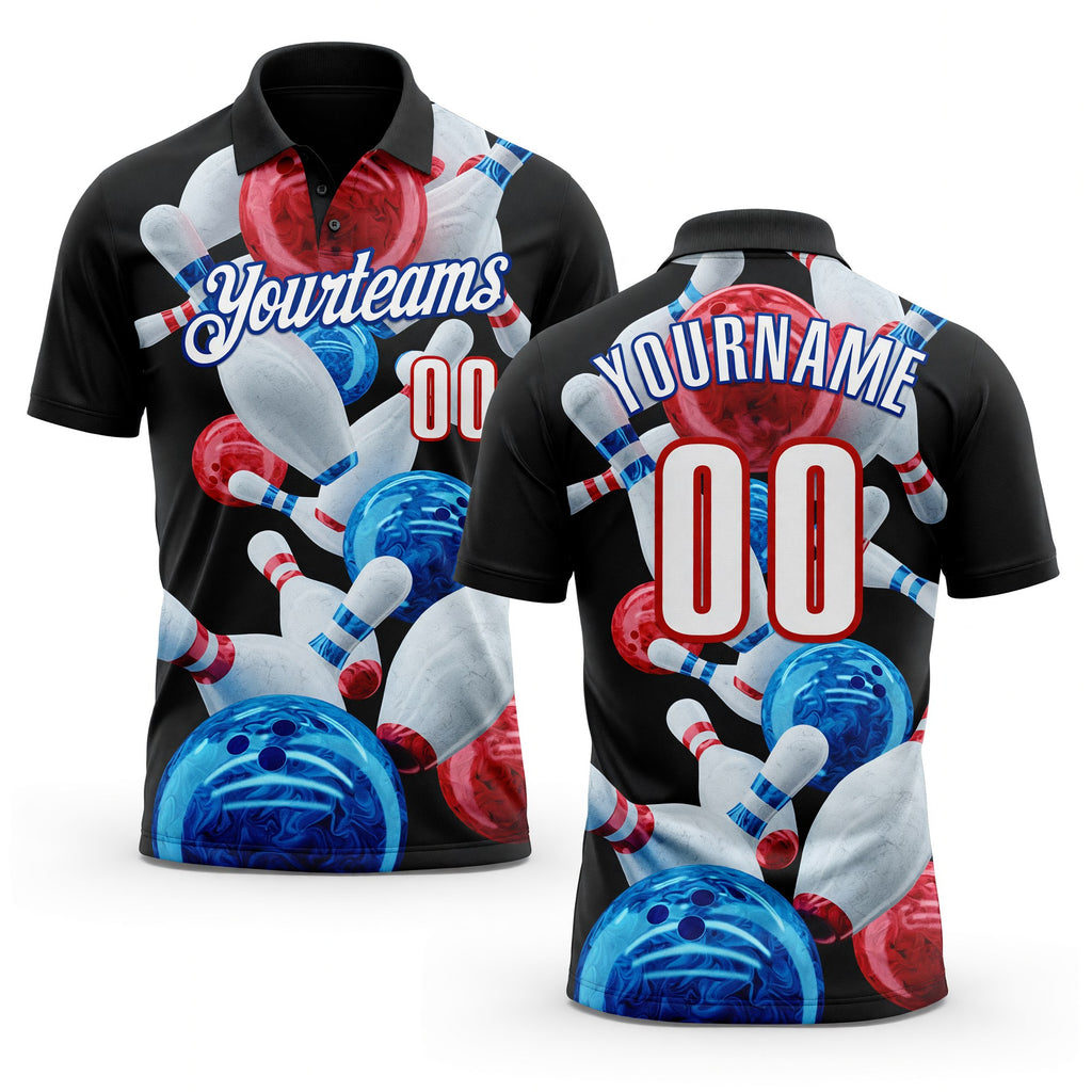 Custom Black White Red-Royal Bowling Ball And Pins Strike Performance Polo Shirt